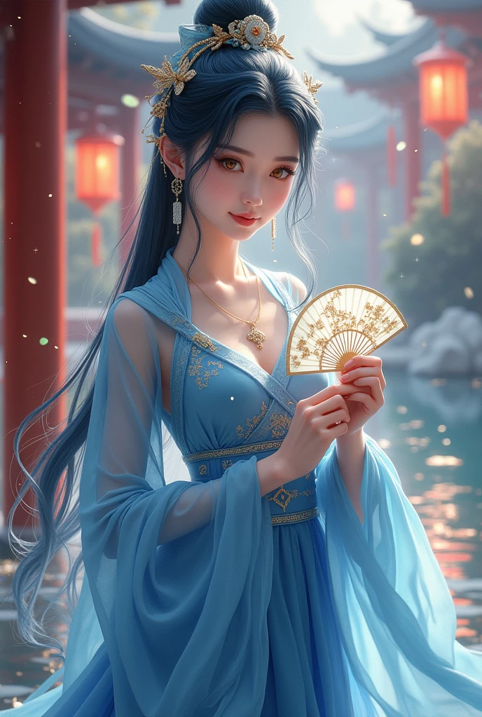 ((beautiful face)), extremely delicate facial,(best quality),(extremely detailed cg 8k wallpaper), masterpiece, an extremely del-0000((big breasts)), 1girl, solo, long hair, looking at viewer, hair ornament, dress, holding, bare shoulders, closed mouth, blue hair, yellow eyes, braid, artist name, covered navel, blue dress, chinese clothes, china dress, hand fan, folding fan, light blue hair, holding fan, Jordyn Huitema, (masterpiece,best quality:1.5), (masterpiece,best quality:1.5), Hold the fan with the right hand, the left hand does not hold the fan, Chinese imperial palace, feudal China, wooden castle, lake, (lantern), sparkling, (masterpiece,best quality:1.5), (masterpiece,best quality:1.5)