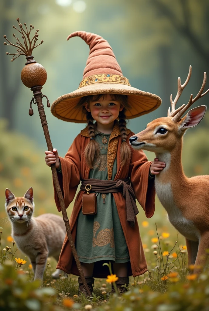 The best cell phone wallpaper, Award-Winning Wallpaper, portrait photography, In the front there is a young wizard wearing a cute mushroom head hat holding a staff and playing with his cute pet a cat and a deer