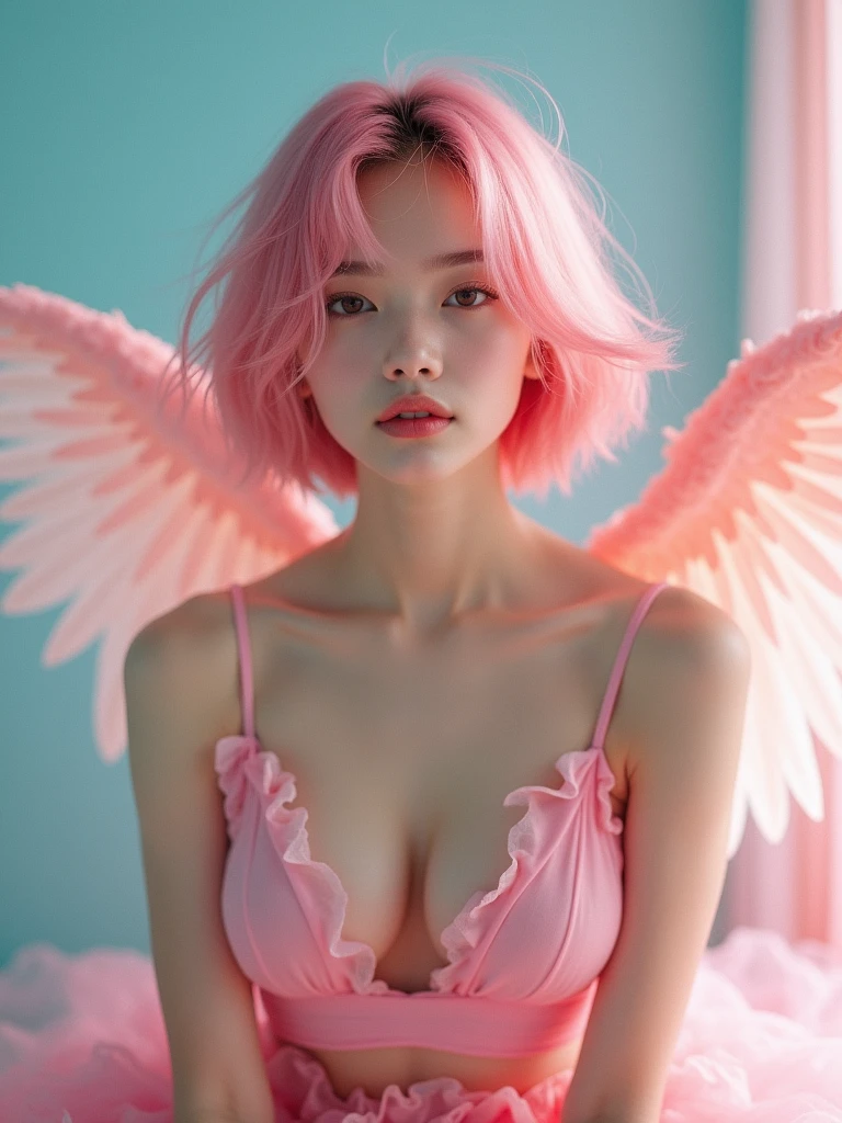 real photograph, (masterpiece), (highest quality), (Super detailed), (messy hair), (shape), one japanese girl, (chiffon frill bikini), pink Angel Wings, sitting down, Fashion Model, (simple cyaan pink red background), fine and beautiful eyes, japanese pretty faced,  floating, (high color saturation),  focus on face, pink bob cut hair, floating Hairs, (shining), best writing, best shadow,