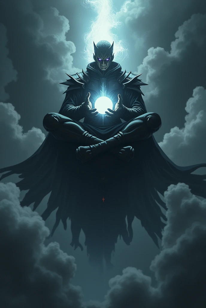 Am evil character in an anime character sitting in a Chinese cultivating posture with a white globe of light in between his hands with his surrounding dark and gloomy with smoke
Make him wear a black armor
Let him be floating in the sky