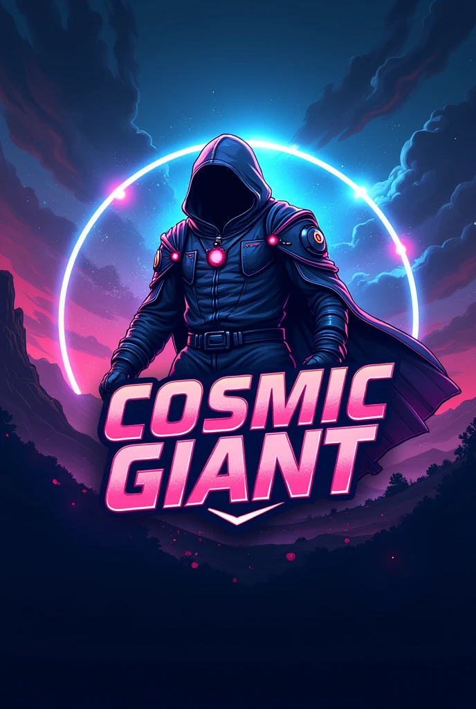 Create a gaming banner for a YouTube channel named 'Cosmic Giant.' The logo should feature a bold and modern design that represents grandeur and impact. Use vibrant colors like deep blues, purples, and bright whites. The logo should be versatile and eye-catching, suitable for various content themes including comparison videos and editing videos." Write Cosmic Giant on it in a bold font . Replace the giant monster with something cool character which looks coolcool. . . . . . . Something like a warrior, hunter, gamer.....guve this character in png and no title