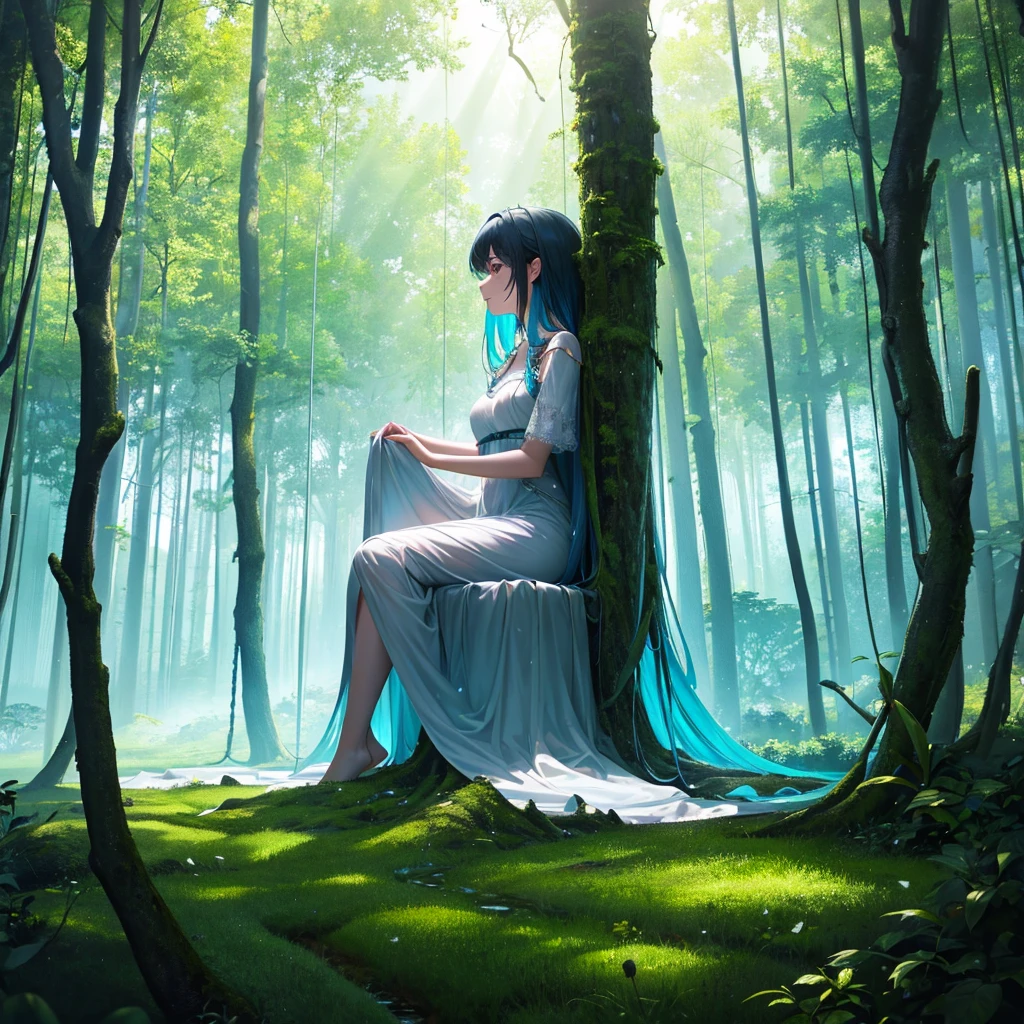 Imagine A tranquil forest setting with a young girl sitting on a mossy log, deep in thought. Sunlight filters through the dense canopy, casting soft, dappled light on her. Above her, a dream bubble floats, vividly illustrating her imagination: she has large, luminescent wings, gracefully soaring above the treetops, surrounded by birds and a clear blue sky. The scene inside the bubble is vibrant and magical, contrasting with the calm, earthy tones of the forest. The overall mood captures a blend of serenity, wonder, and the longing to break free and explore the skies.