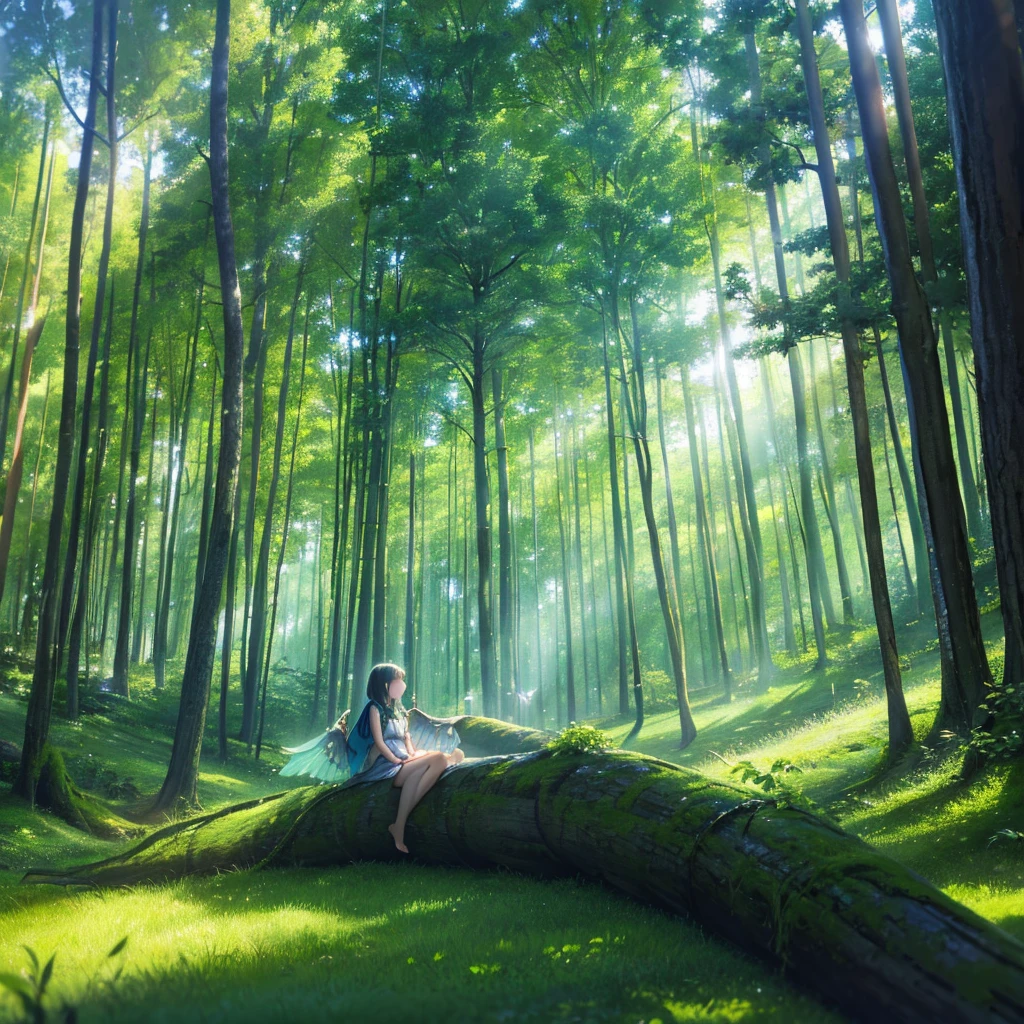 Imagine A tranquil forest setting with a young girl sitting on a mossy log, deep in thought. Sunlight filters through the dense canopy, casting soft, dappled light on her. Above her, a dream bubble floats, vividly illustrating her imagination: she has large, luminescent wings, gracefully soaring above the treetops, surrounded by birds and a clear blue sky. The scene inside the bubble is vibrant and magical, contrasting with the calm, earthy tones of the forest. The overall mood captures a blend of serenity, wonder, and the longing to break free and explore the skies.