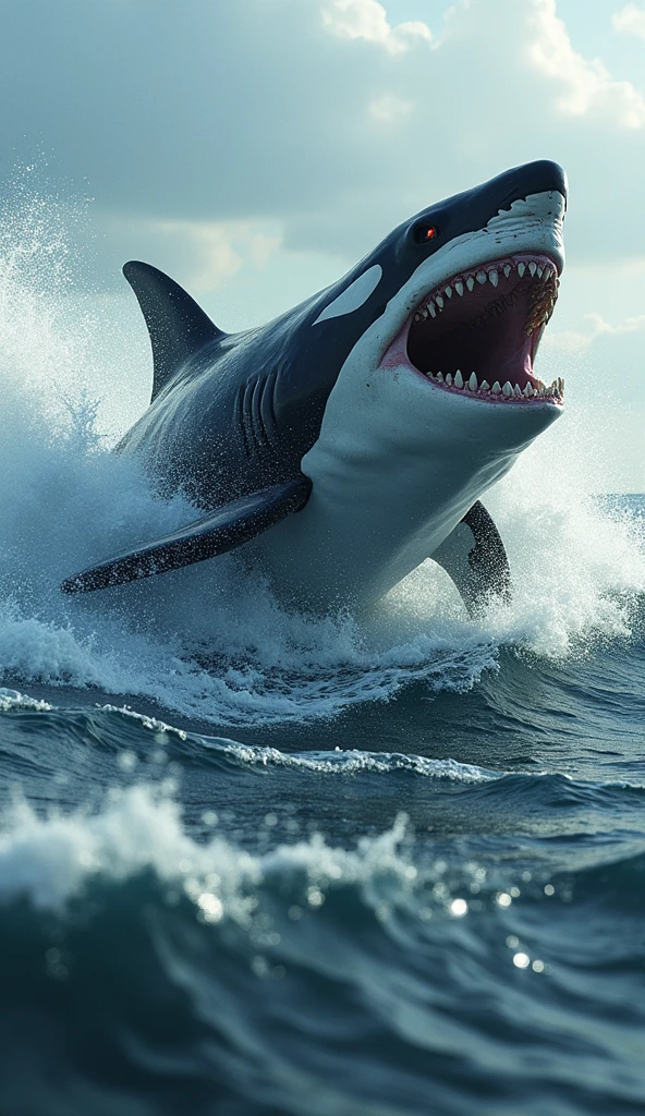 Skull shark fighting against killer whale in the middle of the vast ocean with powerful waves and water splashes,5K,4K,HD,Realistic,mythology