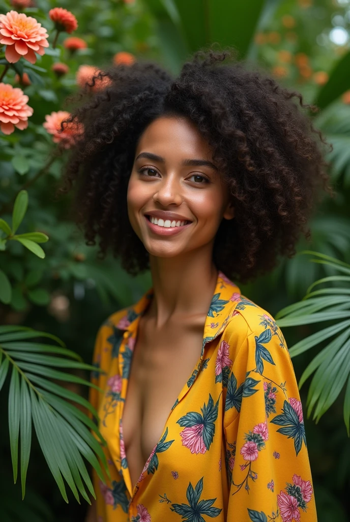 A Brazilian woman in a lush tropical garden, wearing an open shirt with a floral print, with a close-up capturing the harmonious beauty between her breasts and the natural flowers, showing off your natural charm and outgoing personality.
