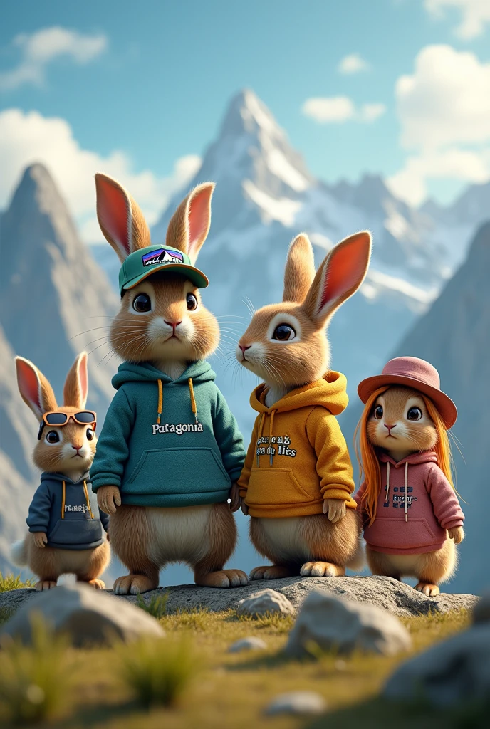 four rabbits on a mountain. the FIRST and largest rabbit is male and a cap from Patagonia. The SECOND rabbit is male and wears a hoodie with "Pass auf wen du liebs" on it. The THIRD rabbit is female with sunglasses and long blonde hair. The FOURTH rabbit is female and wears a hat and is a redhead.