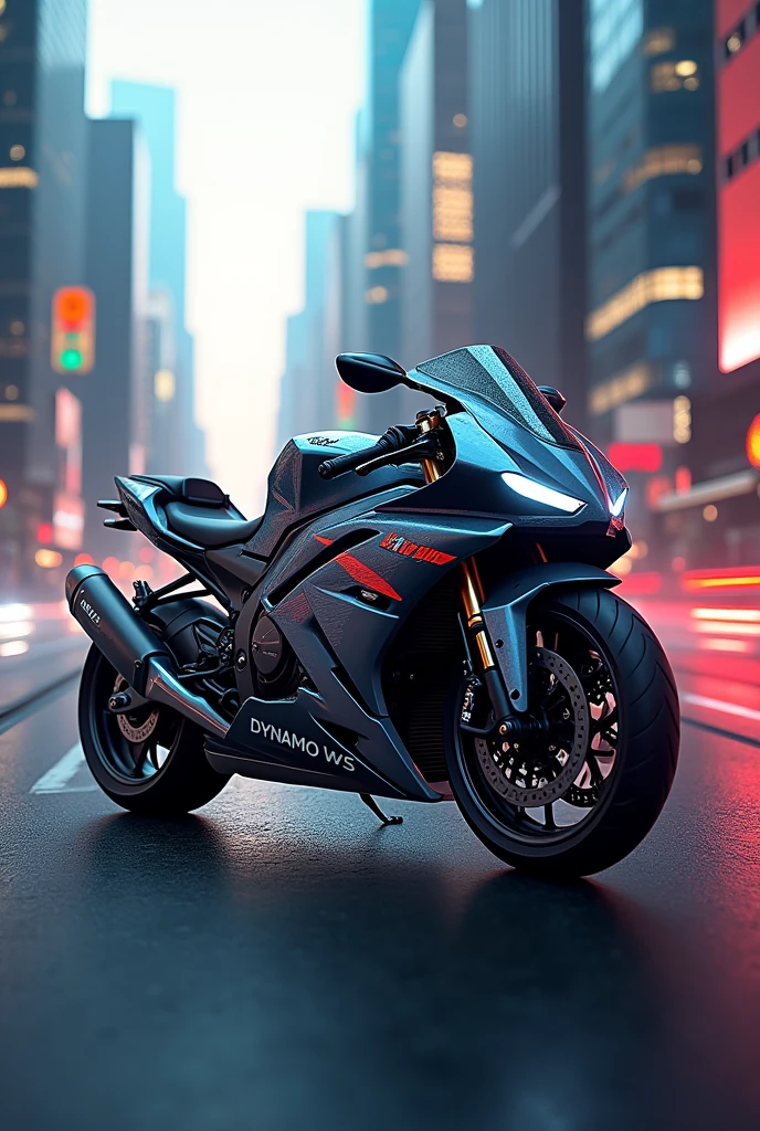 Generate an image of a motorcycle with stickers with the name Dynamo WS