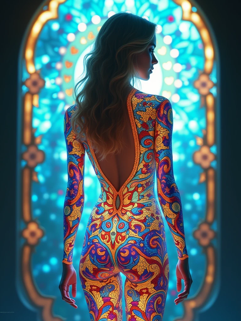 (masterpiece, best quality), 8K,(((Very detailed))), Race:1.8,Super intricate Race pattern,colorful Race pattern,Stained glass background transparent body, Mandala,Light Up,cold, 1 female,Open back,(curls,Blonde),