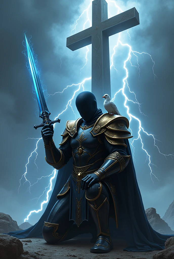 A soldier wearing an armor with a black color and golden edge, solider with no face kneeling down only on the right leg,blue sword on his right hand, A golden shield on the left hand,a big cross standing behind the soldier, a lightning all over the place,a dove on the shoulder of the soldier