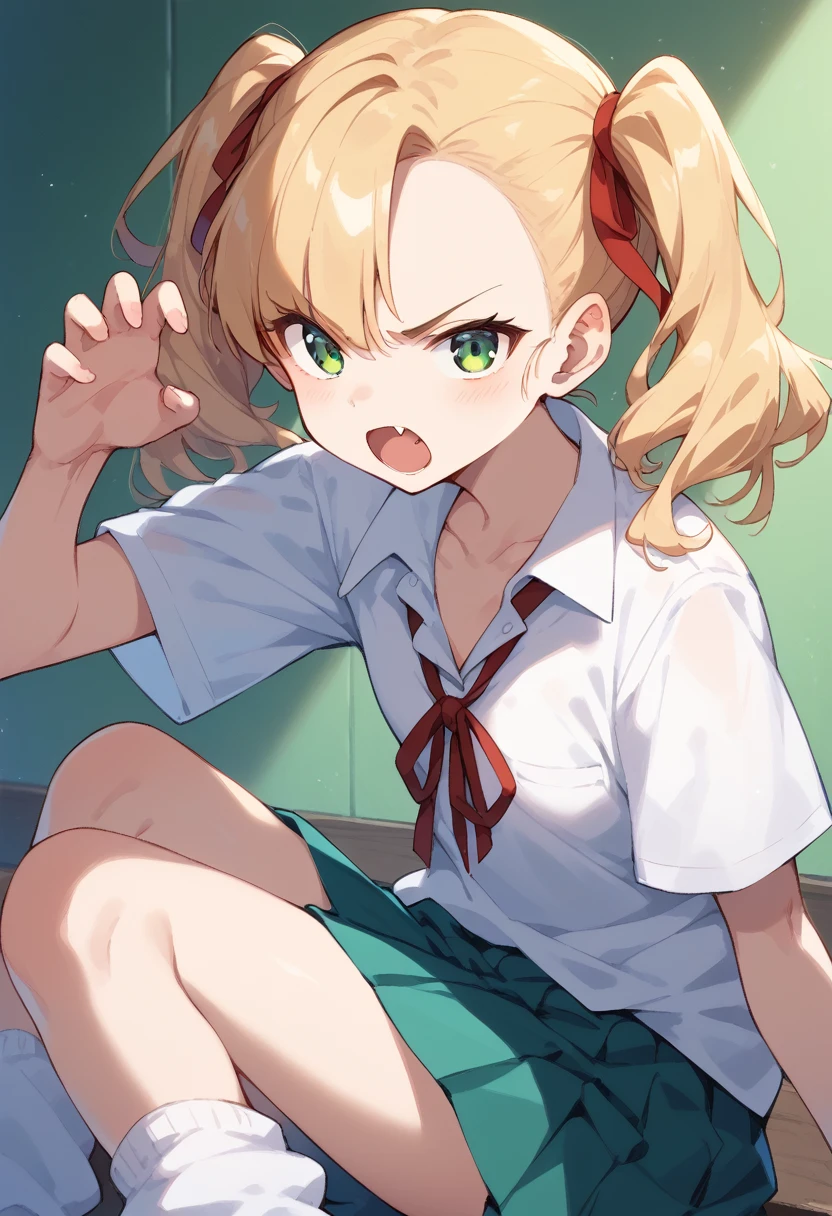 masterpiece, (score_9,score_8_up,score_7_up,score_6_up), 1 girl, green eyes, little sassy, bitch / cockslut / whore, skinny, tsurime, asymmetrical bangs, twintails, (blond hair:1.3), (school uniform), (white collared shirt, plain pattern shirt, short sleeves, shirt tucked in:1), (red plain pattern narrow neck ribbon:1.2), brown loafers, white loose socks ,indian style,claw pose,jitome,glaring.open mouth , fang,