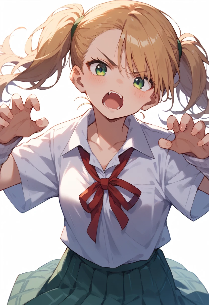 masterpiece, (score_9,score_8_up,score_7_up,score_6_up), 1 girl, green eyes, little sassy, bitch / cockslut / whore, skinny, tsurime, asymmetrical bangs, twintails, (blond hair:1.3), (school uniform), (white collared shirt, plain pattern shirt, short sleeves, shirt tucked in:1), (red plain pattern narrow neck ribbon:1.2), brown loafers, white loose socks ,indian style,claw pose,jitome,glaring.open mouth , fang,