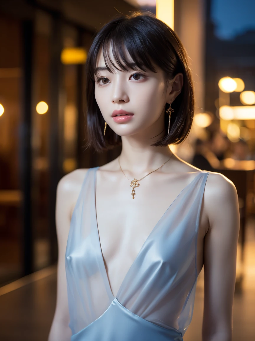 masterpiece:1.2, Very detailed, Ultra-high resolution, Realistic, photo Realistic:1.6, High-resolution RAW color photos, Professional photos, Sharp focus:1.2, Very detailed顔と肌の質感, Very beautiful eyes, Glossのある肌, Glowing Skin, Glowing Skin, Shining Face, Gloss, Oily skin, greasy face, Oily skin, greasy face,, real Glossのある肌 texture, Perfect Anatomy, Very detailed背景,(Luxury resort at night),1 female,25-year-old woman, Japanese women,height: 168cm,short hair, Straight hair, bangs, Brown Hair,((Flat Chest:1.6)), (Sexy, gorgeous and elegant see-through super luxury dress),(濡れてVery transparentドレス:1.5),(Open dress:1.6),Luxury earrings、Luxury Necklace、Very transparent