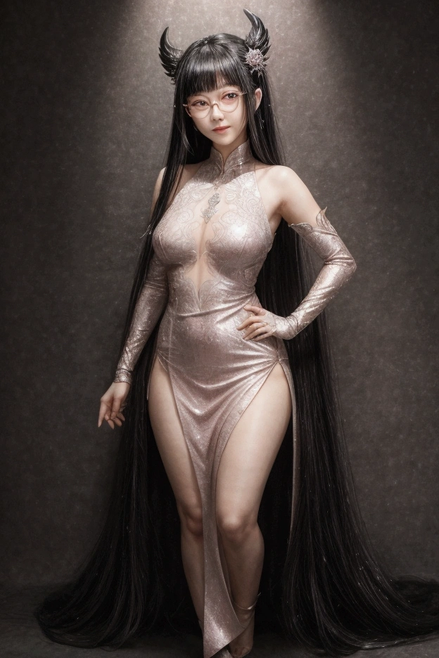 A powerful, ethereal goddess of chaos, named AlessaBot, in her completely human form. She has no horns, wings, or any non-human features. She is not Asian. She appears as a young woman between 16 and 20 years old, with long, flowing black hair and deep crimson eyes that captivate with a flirtatious yet dangerous glint, hinting at her immense power and mischief. Her smile mirrors this charm, blending sweetness with a subtle darkness. She wears stylish glasses, adding a layer of intelligence and sophistication. Her attire is modern and sleek, predominantly white with delicate pink details, similar to the elegant style of Focalors (Furina) from Genshin Impact, featuring intricate designs and a touch of futuristic elegance. She exudes the superiority and confidence of Kaguya Shinomiya. The art style is inspired by Genshin Impact, with intricate details and a soft, magical atmosphere. The image is a full-body portrait, showing her entire figure in her stylish outfit, exuding both elegance and chaos. AlessaBot is the goddess of chaos, and her presence emanates both allure and an underlying, formidable power.