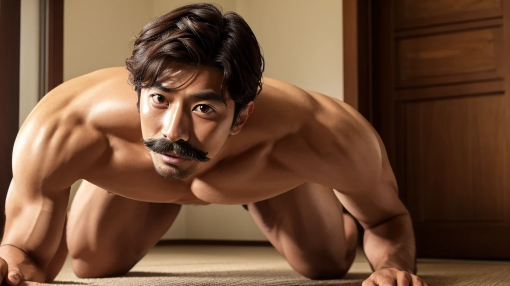 HANDSOME MUSTACH look like Gong Yoo, Korean actor, Gong Yoo, 2, black eyes, black eyebrows, a little bit of a mustache, a little bit of brown hair, hair parted in the middle, lips, a prominent nose,Japanese man with erect penis, sexy sex, underwear visible, naked man on all fours, facing this way