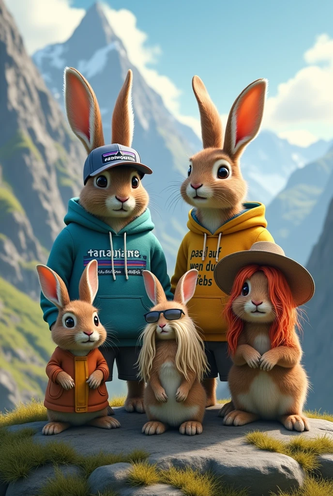 four rabbits on a mountain. the FIRST and largest rabbit is male and a cap from Patagonia. The SECOND rabbit is male and wears a hoodie with "Pass auf wen du liebs" on it. The THIRD rabbit is female with sunglasses and long blonde hair. The FOURTH rabbit is female and wears a hat and is a redhead.