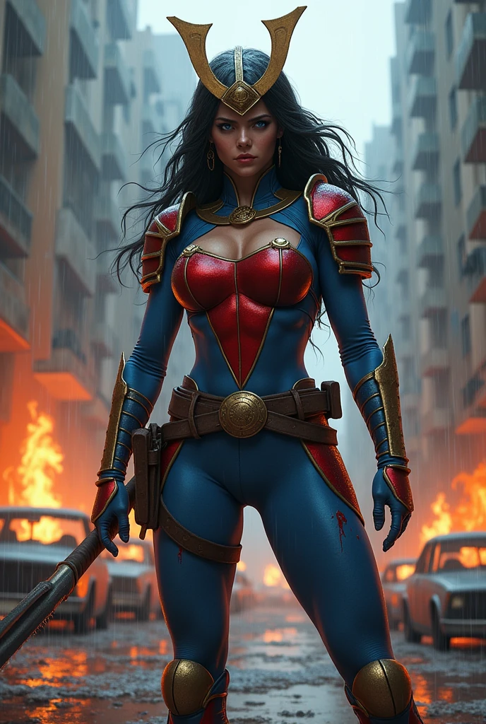 A beautiful woman under the cloak of the warrior Big Barda has long hair, black and almost always hidden by his samurai helmet. His eyes are light blue. Her superheroine costume is samurai themed.. Her costume usually includes a blue jumpsuit combined with red and a gold armor top over her jumpsuit on her knees screaming exhausted after an extensive battle blood around her in an apocalyptic and rainy city cars and buildings on fire