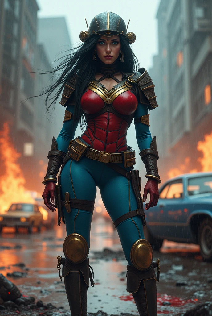 A beautiful woman under the cloak of the warrior Big Barda has long hair, black and almost always hidden by his samurai helmet. His eyes are light blue. Her superheroine costume is samurai themed.. Her costume usually includes a blue jumpsuit combined with red and a gold armor top over her jumpsuit on her knees screaming exhausted after an extensive battle blood around her in an apocalyptic and rainy city cars and buildings on fire
