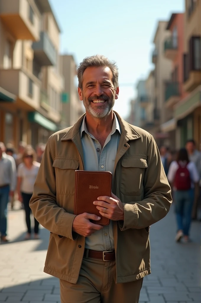 A man holding a Bible happily  walking on a street 