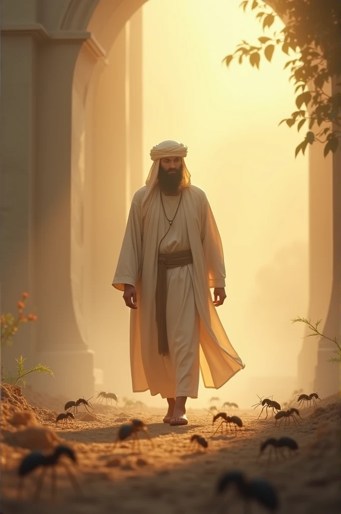 It’s a reminder that kindness and care are important, even to the smallest of creatures."**
*Visual Prompt:* A serene image of Prophet Suleiman walking forward with a peaceful expression, while the ants go about their business undisturbed. The background is filled with gentle light, symbolizing wisdom and compassion.