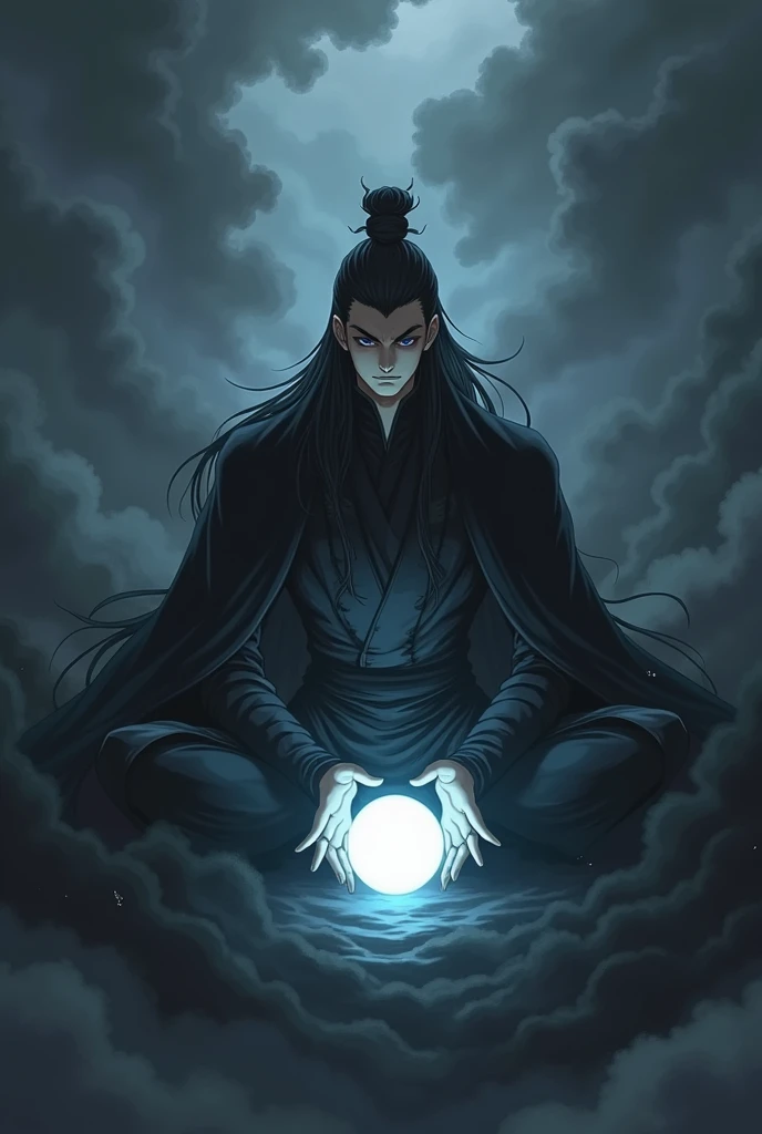 Am evil character in an anime character sitting in a Chinese cultivating posture with a white globe of light in between his hands with his surrounding dark and gloomy with smoke
Make him wear a black armor
Let him be floating in the sky
Make his surrounding very dark with black smokes