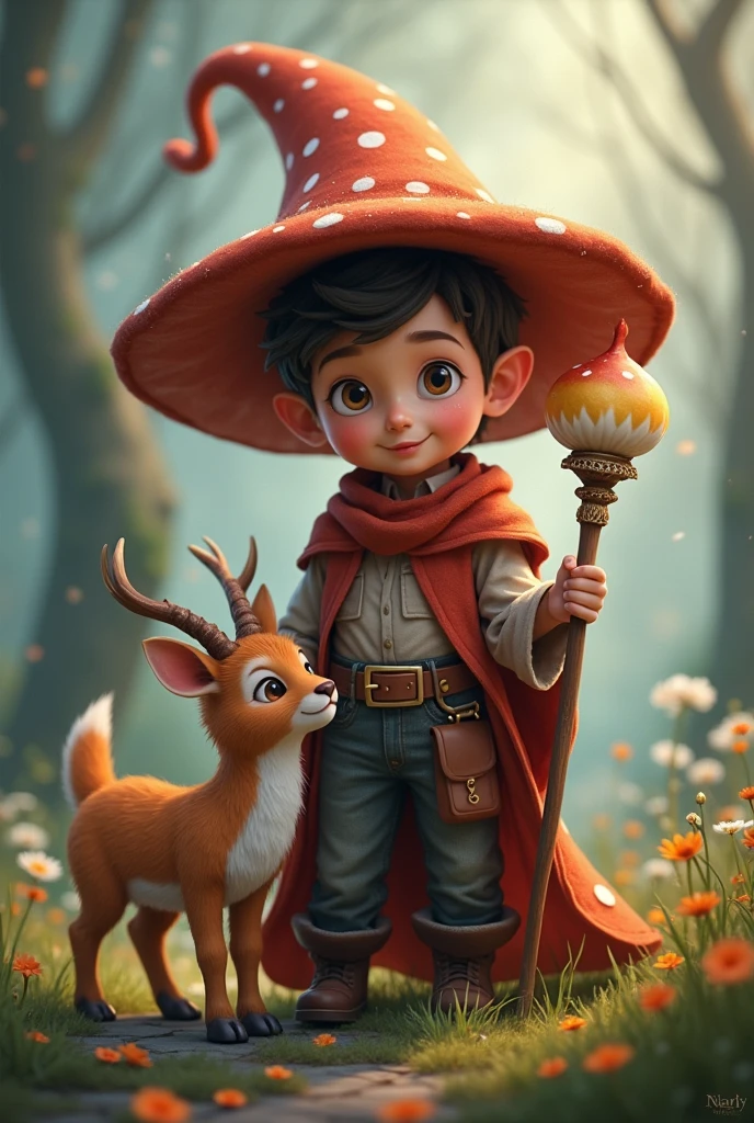 2x2 The best cell phone wallpaper, Award-Winning Wallpaper, portrait photography, In the front there is a young wizard wearing a cute mushroom head hat holding a staff and playing with his cute pet a cat and a deer