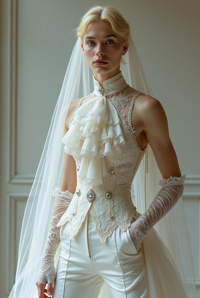 Slim androgynous young man, with blonde hair, rococo groom dress. She wears a unique outfit that combines a dress with very tight white dress pants.. The pants are complemented by a layered dress train that starts at the waist., with lace and tulle. the top, an imperial collar with full lace at the waist, sleeveless, without transparencies, decorated with delicate ruffles and sewn crystals that add a touch of luxury. The ensemble is completed with a bridal veil in layers of more than five meters., elbow length lace gloves