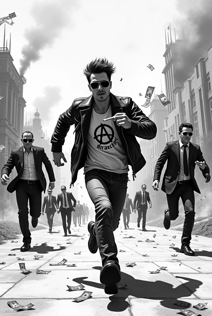 Punk man wearing a leather jacket and a t-shirt with the anarchy symbol that says punk forever, run away from suited politicians who throw money at him, while smoking in a futuristic city on fire, drawn in black and white