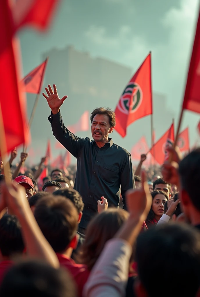 Imran Khan speaking with party workers with pti flag 