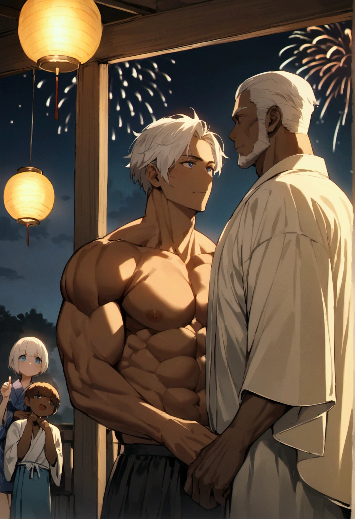 Highest quality、Midsummer evening、Short Hair、Sports haircut、Big macho man、A muscular man wearing a yukata watching fireworks on the veranda、Lonely face、Pectoralis major、Abdominal muscles、Brown skin、Blue Eyes、White Hair