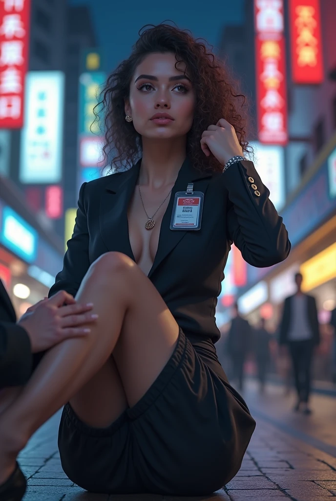 A beautiful european girl, on the roof of cyberpunk building, serious face, wearing purple medieval dress, jewelry, cleavage, full body. She is 24 years old, has black hair, long hair, curly hair and blue eyes. Her cloth is stylish and her overall appearance is stunning. The girl's face is extremely detailed with beautifully detailed lips. Her skin is anatomically correct with realistic textures. The image should have super high details and be of the best quality, with a resolution of 8K. The final result should be a masterpiece, showcasing the girl's beauty and the vibrant atmosphere of The cyberpunk city and the night