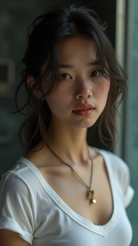 (masterpiece, photorealistic:1.4, extremely intricate:1.3, radiosity, photon mapping, dtx, 8K), ((((closeup necklace, white t-shirt, humid, [medium breasts:large breasts:0.8])), humid, [skin detail:freckles:0.7], natural, 19 year teenage supermodel), dark room, ((stone shower, glass shower, clean)))
