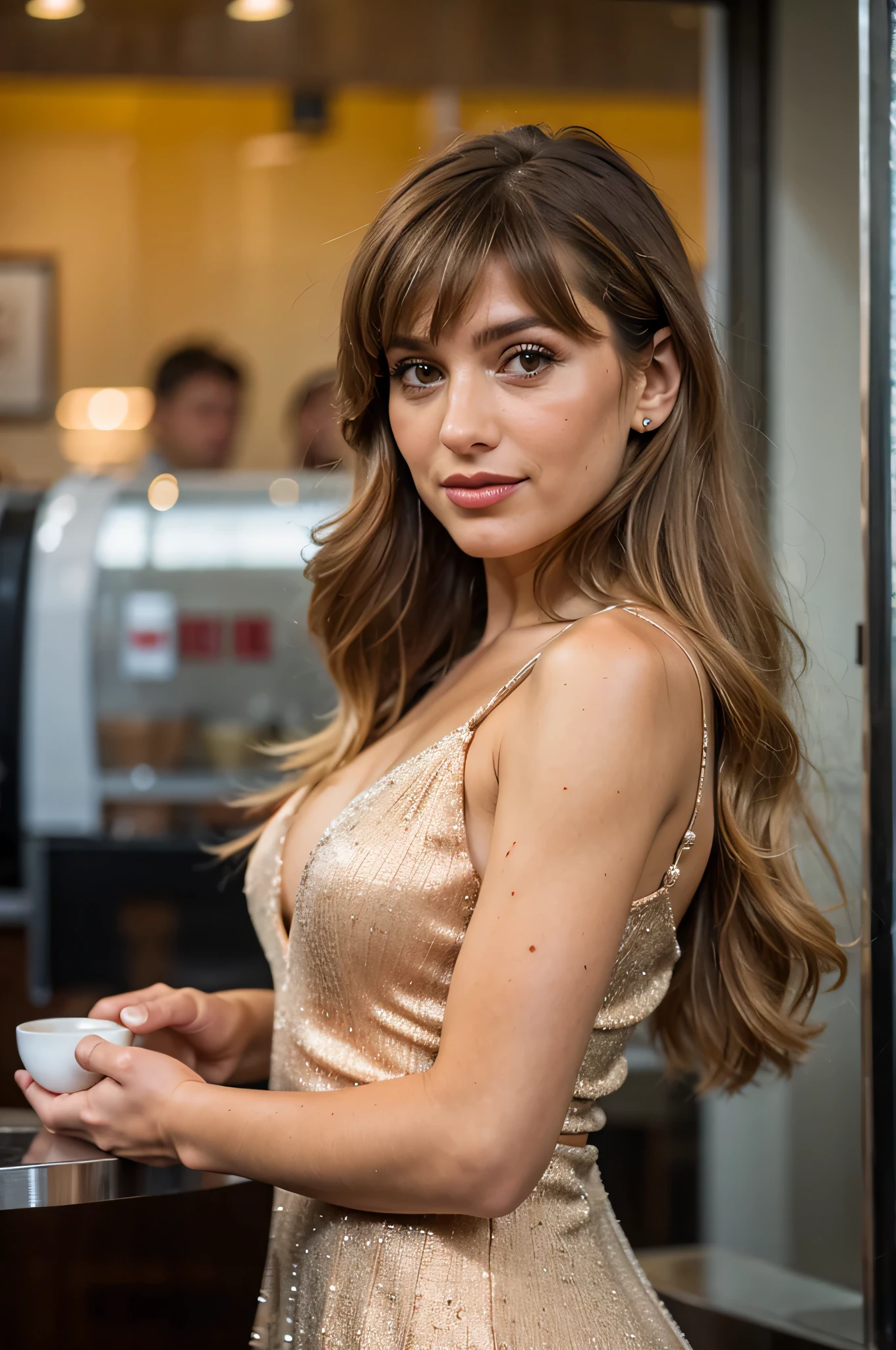  close up photo of Silvia Marini, 1girl long hair portrait wear mini dress full long body in coffeshop stand hold coffe  far view