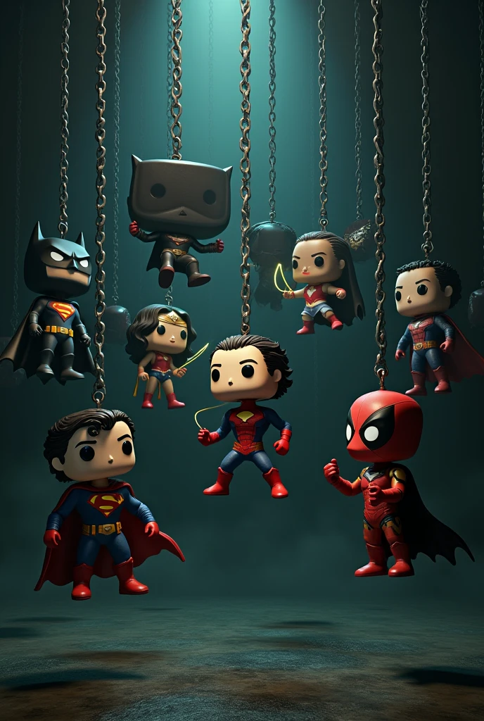 in a dark and desolate environment, Seven iconic comic book characters, turned into Funko dolls, They hang from thick chains that hang from above. Each chain holds a character: Batman with his flowing cape, Superman in his classic suit, Spider-Man in an acrobatic pose, Wonder Woman with her golden lasso, Iron Man in his glowing armor, The Joker with his sinister smile, and Deadpool with his irreverent attitude. The chains, illuminated by a faint glow, add an atmosphere of tension and mystery, while the dolls seem to come to life in the darkness, creating a disturbing and surreal scene