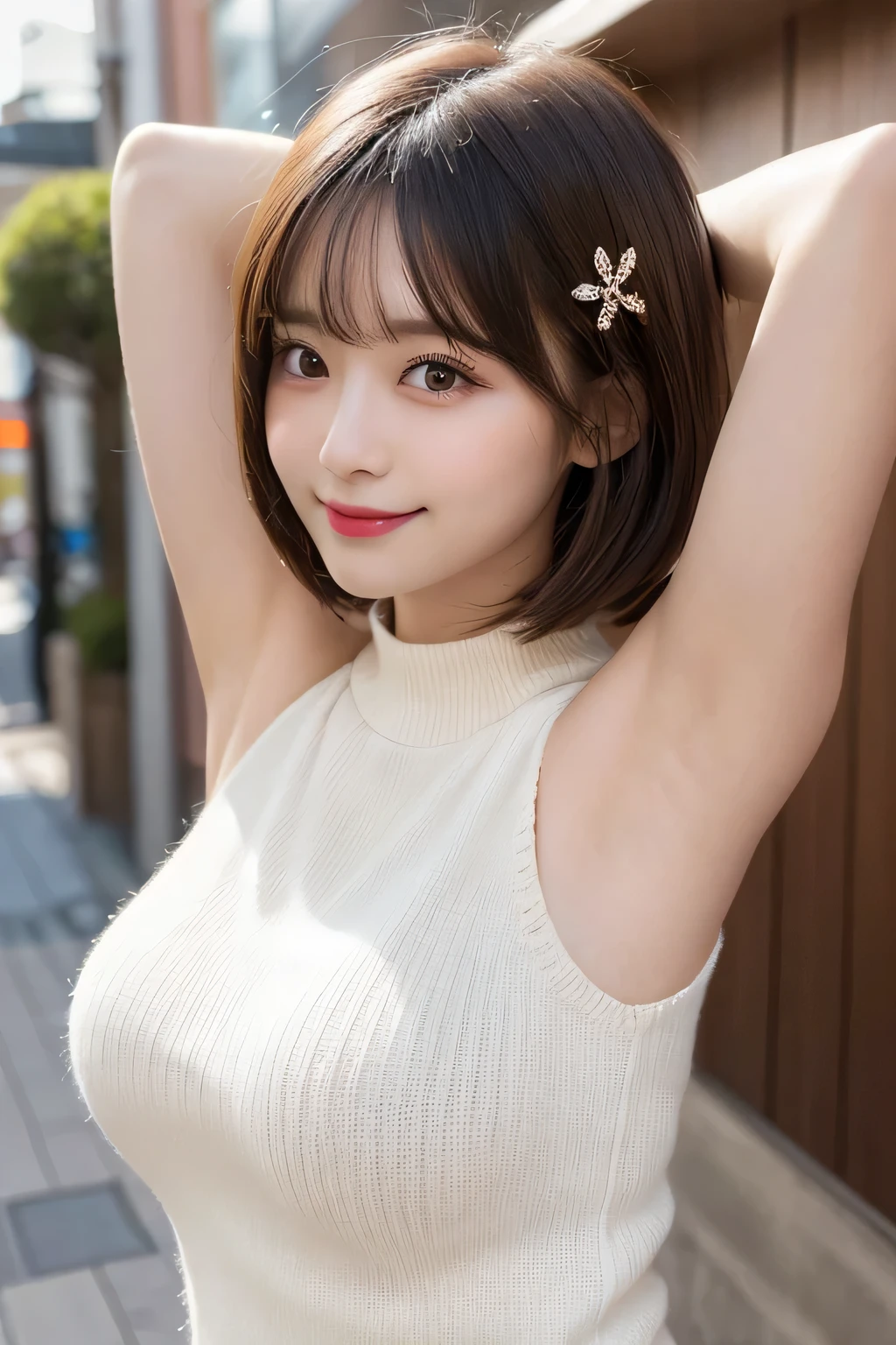 masutepiece, Best Quality, Illustration, Ultra-detailed, finely detail, hight resolution, 8K Wallpaper, Perfect dynamic composition, Beautiful detailed eyes, Women's Fashion Summer,Short bob hair,Small breasts natural color lip, Bold sexy poses,Smile,Harajuku,18 years girl,Cute,Sexy shot looking at camera,Sleeveless knitwear,White knitwear,Armpits,bura,Floral hair ornament,Large Breasts:1.8, Slim Body:1.5,