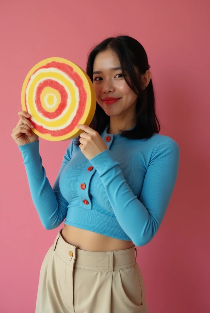 ((best quality, 8K, masterpiece :1.80))
A playful Indonesian woman holds a large candy and grins mischievously, her pose is exaggerated. She is wearing a unique, red outfit with oversized accessories, giving her a fun and quirky look, the candy although large, is designed in a cute, almost toy-like style, adding to the cheerful and fun feel of the scene. The background is bright and cheerful, adding to the overall cheerful atmosphere. Very realistic, studio lighting, sexy, big tits, naughty, cinematic very detailed, realistic, sharp features, very detailed, sharp focus, perfect face, perfect symmetry, perfect eyes, perfect lips, flexible female body shape, cinematic, film light, very detailed. hyperrealistic, masterpiece, atmospheric, high resolution,((passionate)), dynamic studio lighting, black hair, shoulder-length hair tied back into a low ponytail, wearing a fitted, long-sleeved blue crop top with buttons down the front and beige high-waisted, loose-fitting pants, plumpy. atmospheric perspective, volumetric lighting, clear focus, absurd solution, good anatomy, (realistic, Hyperrealistic: 1.37), 16k HD, information,((full shot)).