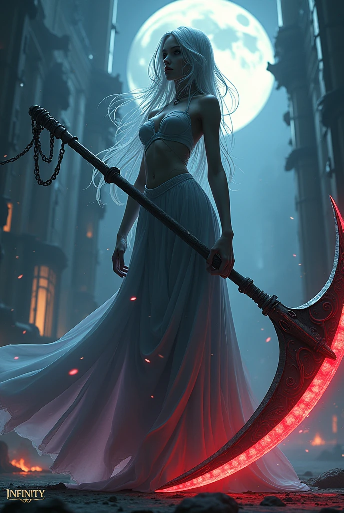 The words "INFINITY" written in large letters at the bottom of the screen, A girl wielding a huge scythe, a scythe larger than her body, ((masterpiece, highest quality, Highest image quality, High resolution, photorealistic, Raw photo, 8K)), ((Extremely detailed CG unified 8k wallpaper)), (huge stunning goddess shot, very hot and sexy, jaw-dropping beauty, perfect proportions, beautiful body, slim body beauty:1.4), A girl wielding a huge scythe, movie poster, (a huge scythe:1.5),
