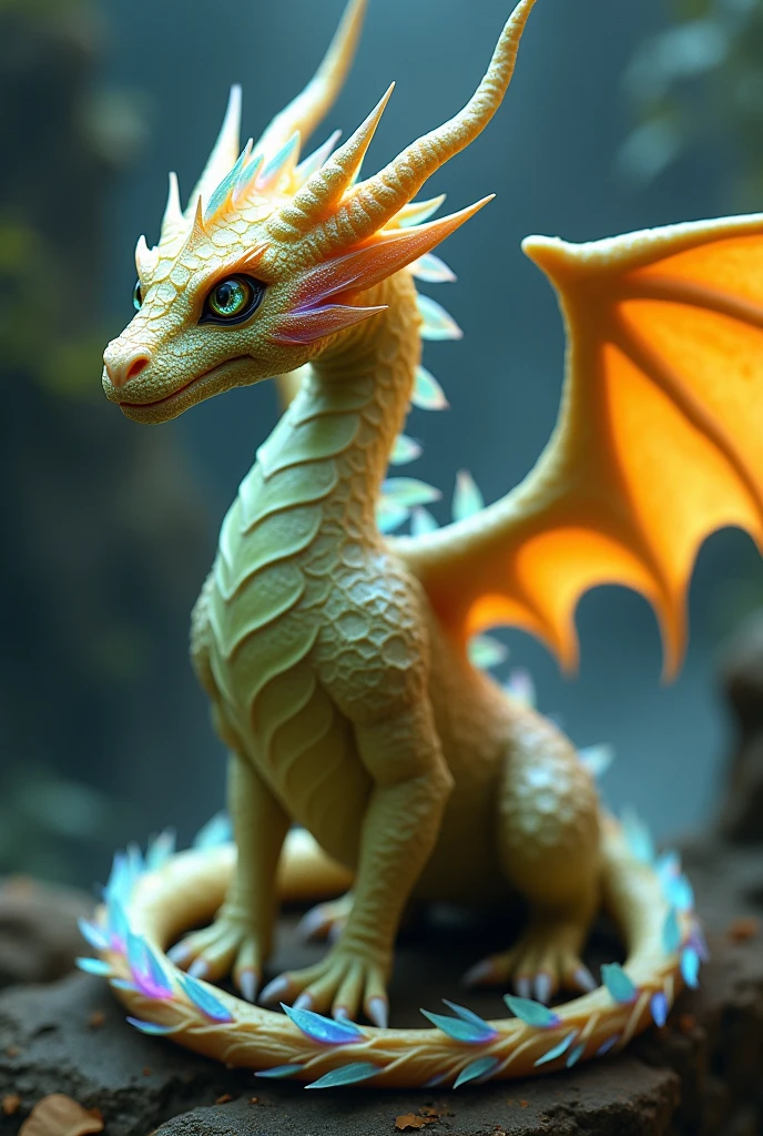 Create a mithycal dragon in PNG. It has wings made of rainbow, eyes made of water,skin made of yellow leaves