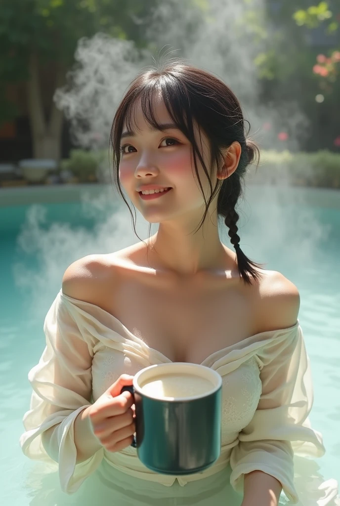 (high quality:1.2,Ultra-realistic) 、Detailed face、Detailed eyes、Beautiful Japanese Women、2、Black Hair,(Japanese Spa),Outdoor、Open-air bath,ryokan, break ((Wearing a checked yukata,heart)),((Drop one shoulder)),(((Nipples are visible,Hairy))),((Chest Off)),(Cleavage),,(Standing in onsen),(vapor:1.3),(Sweaty:1.3),  (Big smile,Happy expression:Pure joy),she has (Short twin braid hair with side bangs) and、 (Holding a mug of thick white liquid),(blush:1.5),(Drunk face:1.2),(Wet Skin:1.2),