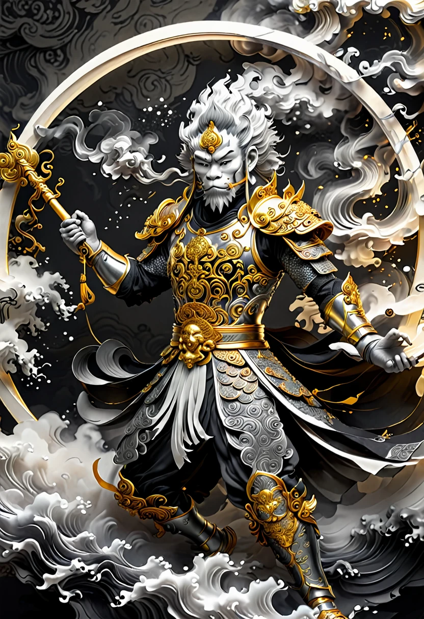 /I Sun Wukong, the Monkey King of Chinese mythology, is depicted wearing ornate armor and wielding his golden staff, Minimalist black and white ink painting, vector art style,Golden Hoop Rod made of swirling smoke around him, isolated on a solid color background, inspired by the work of Kentaro Miura's manga, high-contrast shadows, dark fantasy, realistic textures, watercolor splashes, cinematic lighting, dramatic, dark black and grey colors, visible paper texture. --ar 67:120 --stylize 50 --v 6.1
