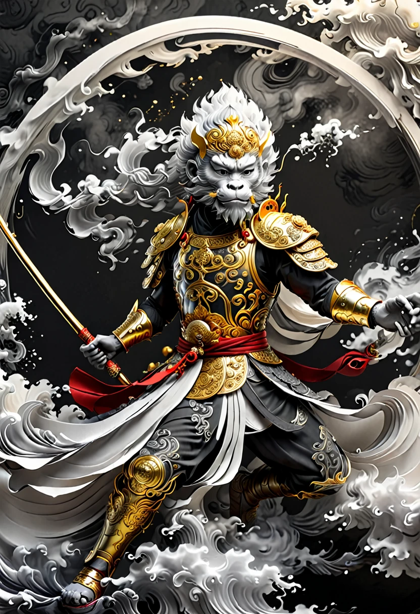 /I Sun Wukong, the Monkey King of Chinese mythology, is depicted wearing ornate armor and wielding his golden staff, Minimalist black and white ink painting, vector art style,Golden Hoop Rod made of swirling smoke around him, isolated on a solid color background, inspired by the work of Kentaro Miura's manga, high-contrast shadows, dark fantasy, realistic textures, watercolor splashes, cinematic lighting, dramatic, dark black and grey colors, visible paper texture. --ar 67:120 --stylize 50 --v 6.1