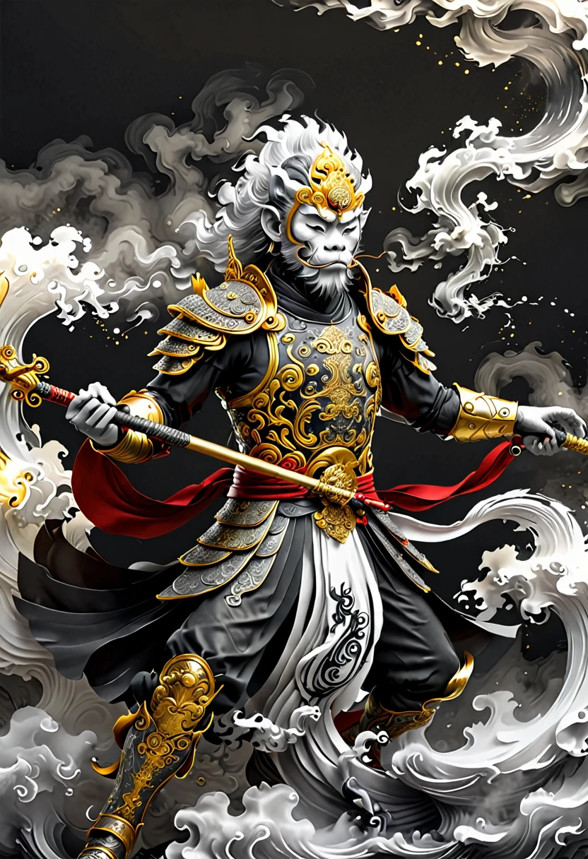 /I Sun Wukong, the Monkey King of Chinese mythology, is depicted wearing ornate armor and wielding his golden staff, Minimalist black and white ink painting, vector art style,Golden Hoop Rod made of swirling smoke around him, isolated on a solid color background, inspired by the work of Kentaro Miura's manga, high-contrast shadows, dark fantasy, realistic textures, watercolor splashes, cinematic lighting, dramatic, dark black and grey colors, visible paper texture. --ar 67:120 --stylize 50 --v 6.1

