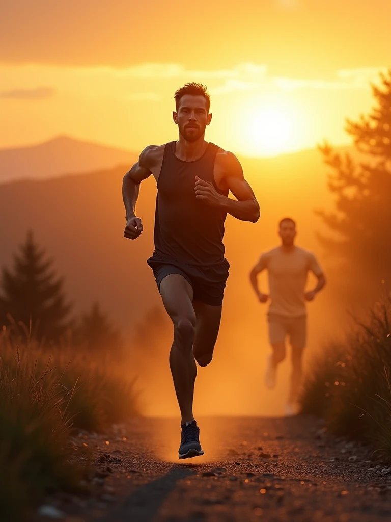 Une scène puissante et inspirante d'un homme courant sur un chemin pittoresque au lever du soleil, symbolisant l'amélioration de soi et la détermination. Il porte une tenue de sport, avec une expression de concentration intense alors qu'il se pousse à aller plus loin. Derrière lui, une image subtile et fantomatique de lui-même, tel qu'il était la veille, est légèrement visible, représentant son ancien moi qu'il dépasse. En arrière-plan, un paysage magnifique avec un soleil levant qui projette une lueur dorée, symbolisant les nouveaux départs et la croissance. L'atmosphère générale est celle de l'empowerment, du triomphe personnel et de la quête incessante de l'amélioration de soi."