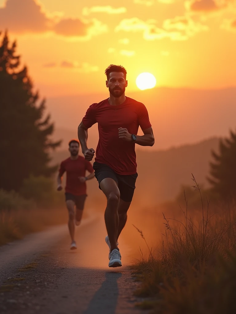 Une scène puissante et inspirante d'un homme courant sur un chemin pittoresque au lever du soleil, symbolisant l'amélioration de soi et la détermination. Il porte une tenue de sport, avec une expression de concentration intense alors qu'il se pousse à aller plus loin. Derrière lui, une image subtile et fantomatique de lui-même, tel qu'il était la veille, est légèrement visible, représentant son ancien moi qu'il dépasse. En arrière-plan, un paysage magnifique avec un soleil levant qui projette une lueur dorée, symbolisant les nouveaux départs et la croissance. L'atmosphère générale est celle de l'empowerment, du triomphe personnel et de la quête incessante de l'amélioration de soi."