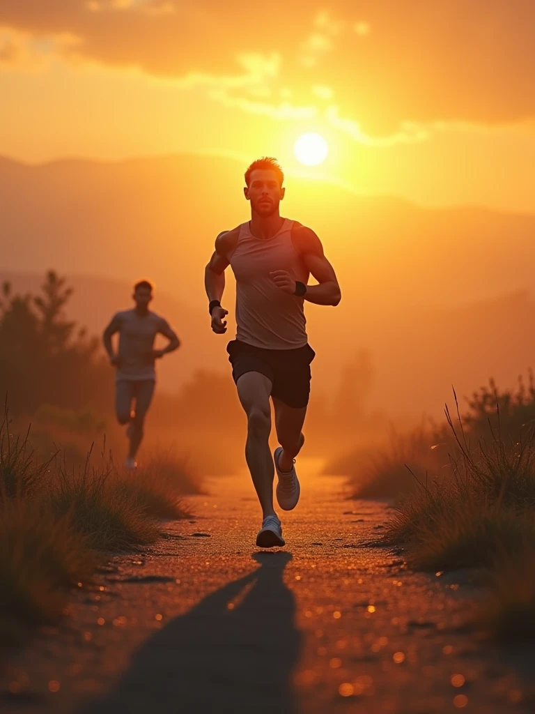 Une scène puissante et inspirante d'un homme courant sur un chemin pittoresque au lever du soleil, symbolisant l'amélioration de soi et la détermination. Il porte une tenue de sport, avec une expression de concentration intense alors qu'il se pousse à aller plus loin. Derrière lui, une image subtile et fantomatique de lui-même, tel qu'il était la veille, est légèrement visible, représentant son ancien moi qu'il dépasse. En arrière-plan, un paysage magnifique avec un soleil levant qui projette une lueur dorée, symbolisant les nouveaux départs et la croissance. L'atmosphère générale est celle de l'empowerment, du triomphe personnel et de la quête incessante de l'amélioration de soi."