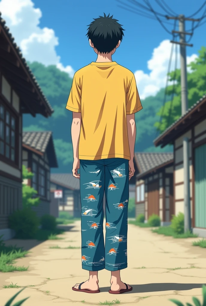 1 Japanese man,Age 26,black short hair,Slightly hunched back,No muscles.,Yellow short sleeve shirt,Sea print pants,no shoes,background,The village is called Kirigakure.