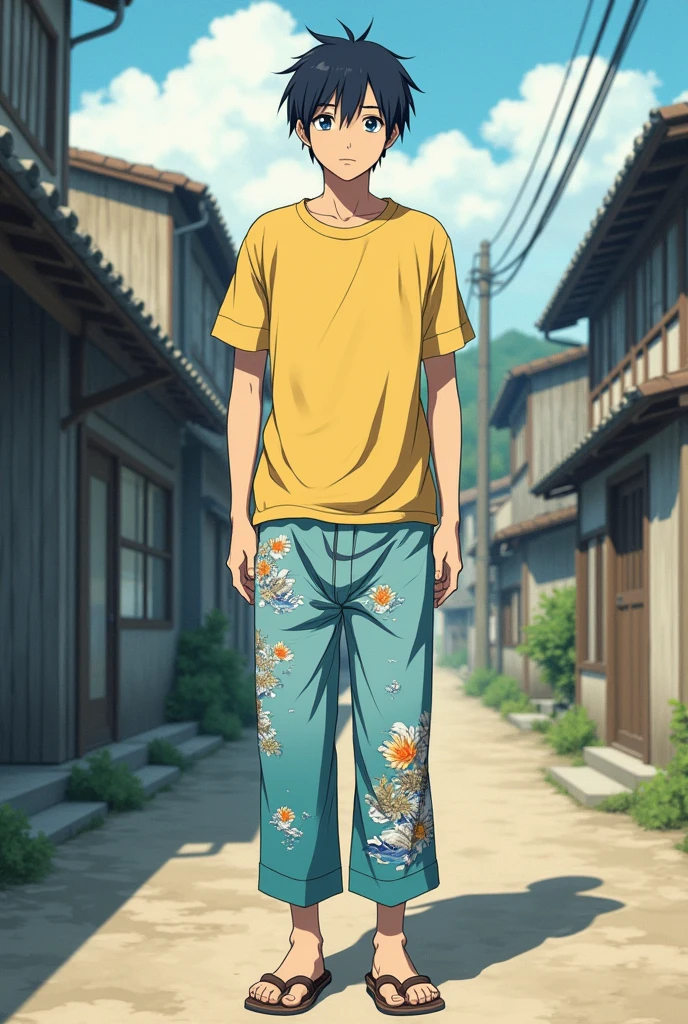 1 Japanese man,Age 26,black short hair,Slightly hunched back,No muscles.,Yellow short sleeve shirt,Sea print pants,no shoes,background,The village is called Kirigakure.