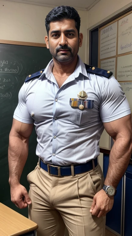 40 years old Handsome muscular OFFICER RAJ KHANNA GURJAR 1 in school uniform, hand on huge bulge