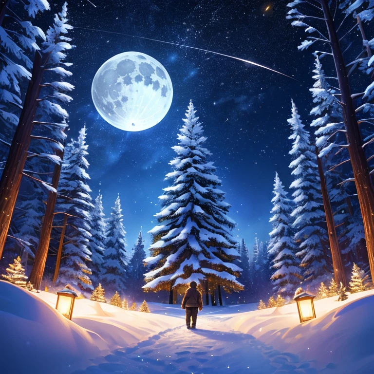 Masterpiece, best quality, high quality, extensive landscape photography (a view from below showing the sky above and an open forest below), 1White tiger, Solo, on a path looking at the landscape, white siberian tiger, full fur, white fur (particle of light around of the tiger), toffu fur, night scenery, Full moon,, (shooting stars, nevula, (warm light source), (Firefly), ( snowflake), (snow on tree) 4k, ultra detailed, (dynamic composition), very detailed and colorful details, (bright lighting, ambient lighting), dreamy, magical