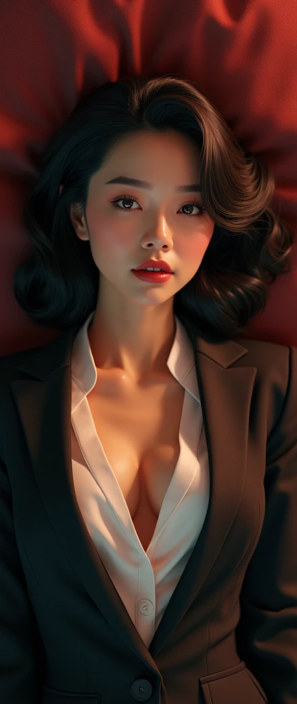 a chic ensemble stylish asian woman in a open button suit and tie reclining while laying flat, with multiple girls swooning flirting ith her,, (best quality,4k,8k,highres,masterpiece:1.2),ultra-detailed,(realistic,photorealistic,photo-realistic:1.37),HDR,UHD,studio lighting,ultra-fine painting,sharp focus,physically-based rendering,extreme detail description,professional,vivid colors,bokeh,portrait,high fashion,elegant,glamorous,cinematic,dramatic lighting,moody,mysterious,sensual,sophisticated