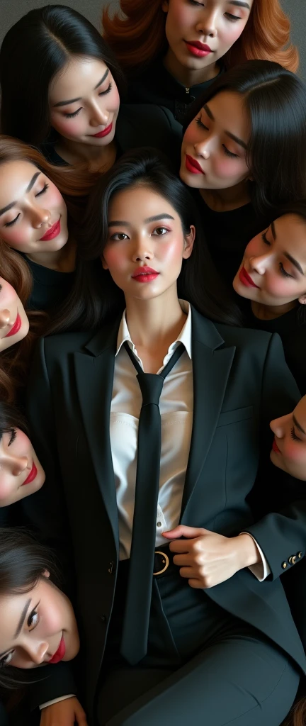 a chic ensemble stylish asian woman in a open button suit and tie reclining while laying flat, with multiple girls swooning flirting ith her,, (best quality,4k,8k,highres,masterpiece:1.2),ultra-detailed,(realistic,photorealistic,photo-realistic:1.37),HDR,UHD,studio lighting,ultra-fine painting,sharp focus,physically-based rendering,extreme detail description,professional,vivid colors,bokeh,portrait,high fashion,elegant,glamorous,cinematic,dramatic lighting,moody,mysterious,sensual,sophisticated